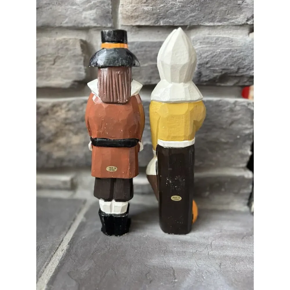 Vintage Hand Painted Wood Carved Harvest Pilgrims Man Woman Cottagecore Prairie